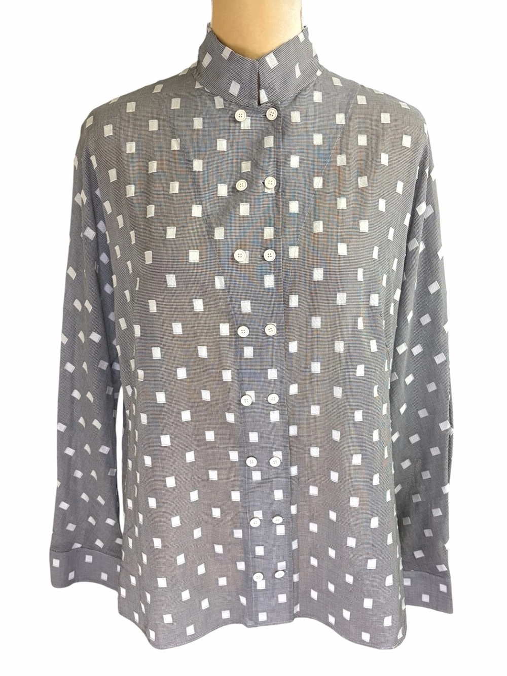 Akris Cotton Stand Collar Geometric Button-Front Shirt 14